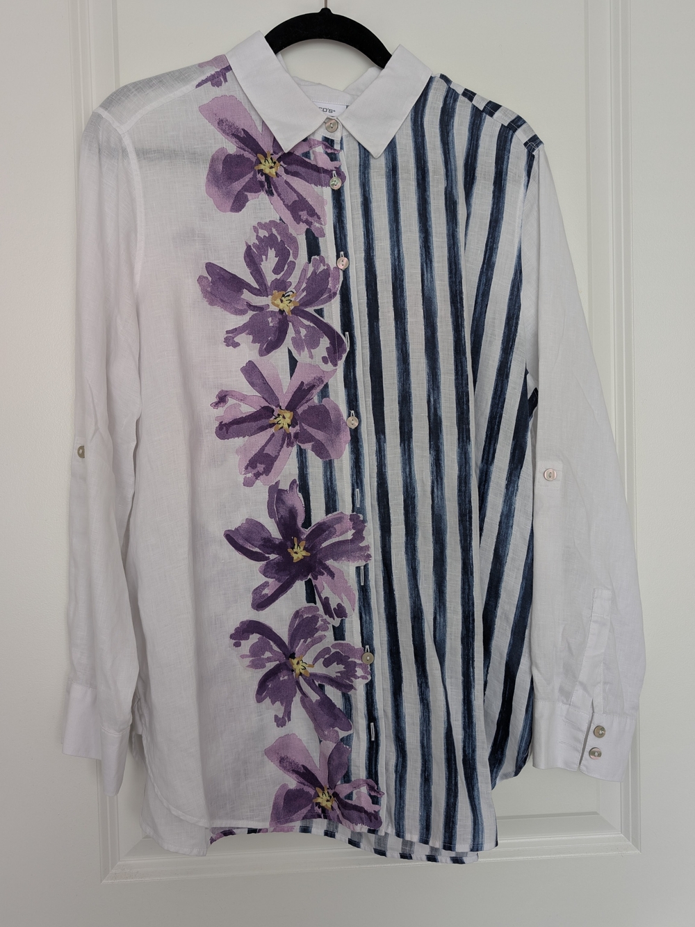Chico's Linen Button-Down with Purple Floral & Navy Stripe